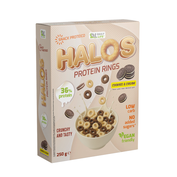 DAILY LIFE HALOS PROTEIN RINGS COOKIES & CREAM DA 250 Gr SUGAR FREE