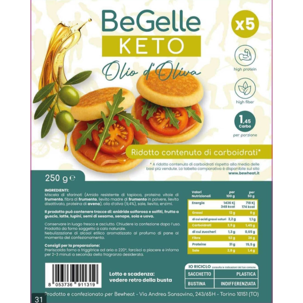 BEWHEAT BEGELLE KETO ALL'OLIO DI OLIVA (BOX DA 3 PEZZI DA 250 Gr)